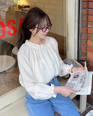 Frill neck ribbon strap blouse