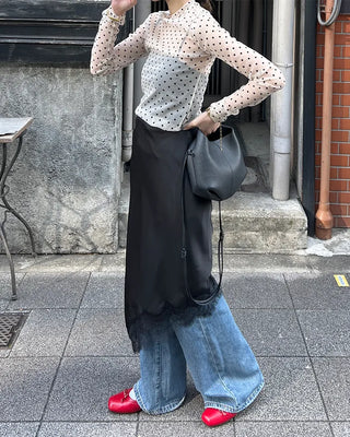 Satin lace long skirt