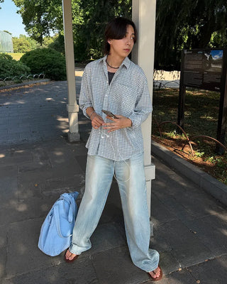 Seersucker check long-sleeved shirt