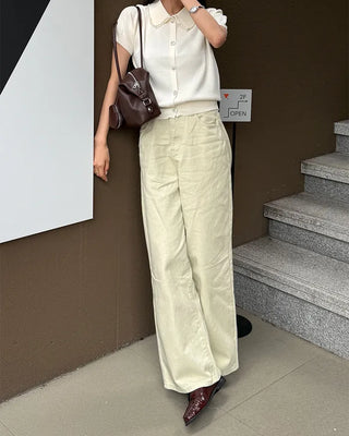 Pearl Button Short-Sleeve Colored Knit