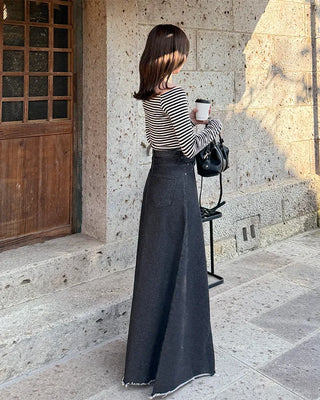 Flared long denim skirt