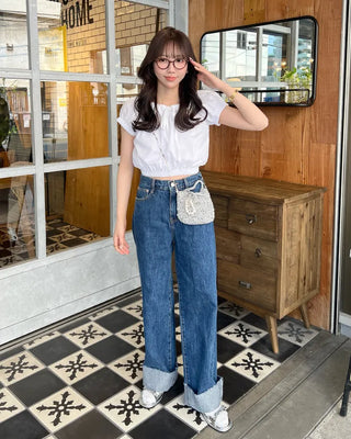 Rolled-up denim wide-leg pants