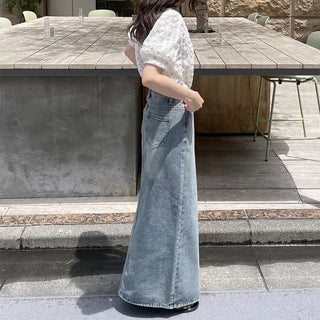 Front slit denim long skirt