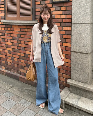 Front pocket elastic waist summer denim pants