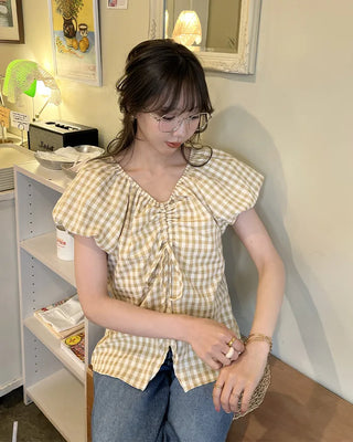 Checked Shirred V-Neck Blouse
