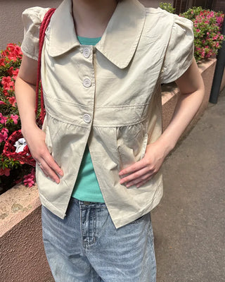 Button-up puff-sleeve cotton blouse