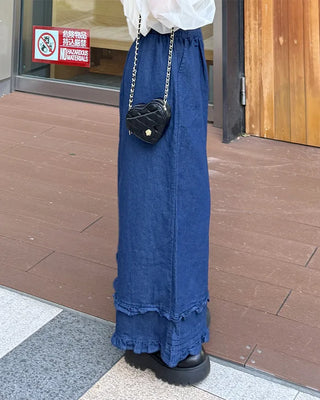 Frilled denim cotton wide-leg pants with elastic waistband