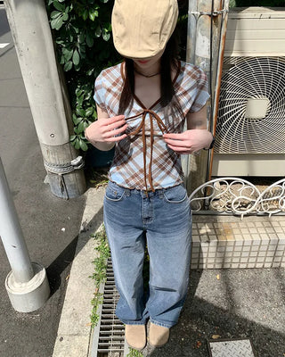 Checkered pattern cutout detail blouse