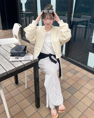 Striped string point wide-leg pants with elastic waistband