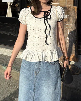 Dot neck string short-sleeved T-shirt