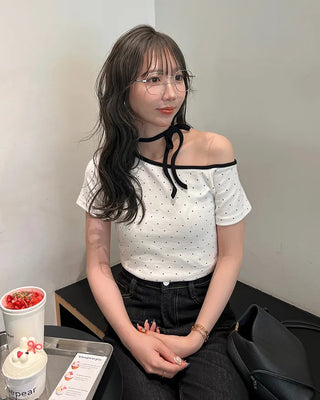 One-shoulder polka dot neck string short-sleeve T-shirt