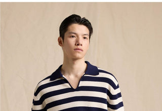 [CULTUM] Cotton Striped Open Collar Knit Sweater