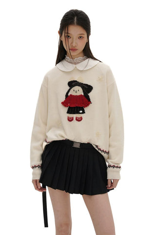 [Moromoro2] Rabbit Embroidered Fair Isle Knit  Sweater