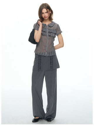 [NECY] Pin Stripe Ruffle Lace Skirt Pants