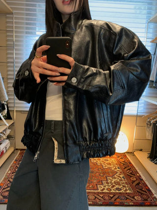 [NEVERSEEZ] Stand Collar Oversized PU Jacket