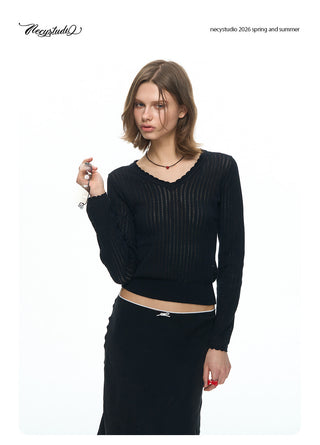 [NECY] Wavy Black Ribbed Slim Knit