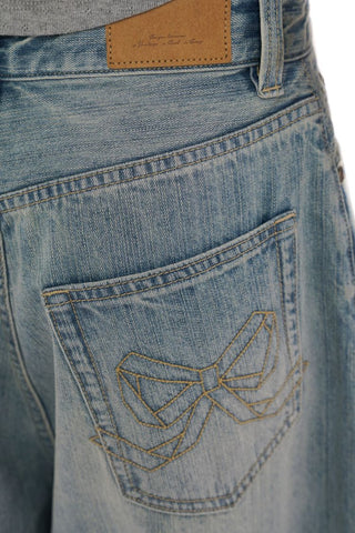 [Moromoro2] Rhinestone Bow Embroidered  Denim