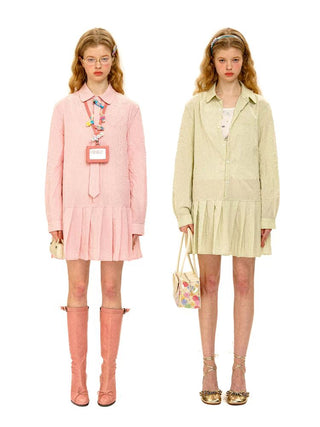 [Moromoro2] Crinkle Tie-Neck Pleated Shirt  Dress