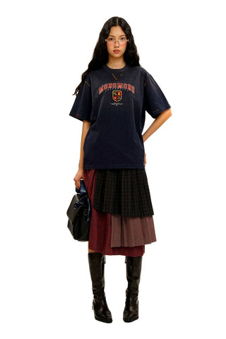 [Moromoro2] Layered Plaid Patchwork Midi  Skirt