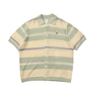 [Monterest] Open Knit Striped Short Sleeve Cardigan