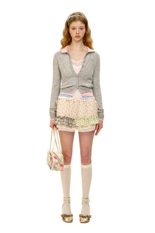 [Moromoro2] Patchwork Ruffle Floral Mini  Skirt