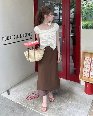 Flower Strap Heart Neck Shirring Short Sleeve T-Shirt