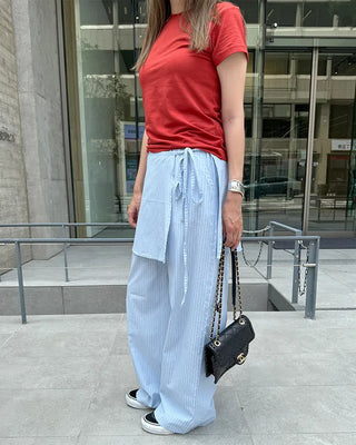 Striped layered wrap skirt set with banding pants