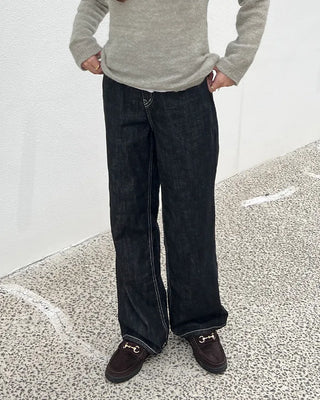 Stitched black straight denim pants