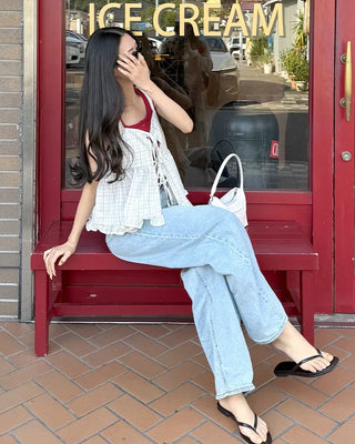 Checked ribbon sleeveless blouse