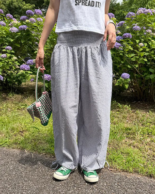 Shirred wide-waist gingham check pants