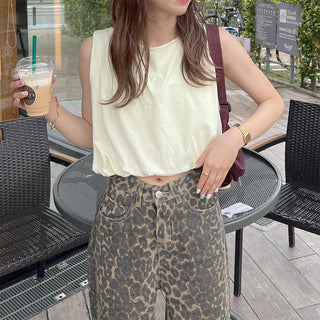 Leopard print denim pants