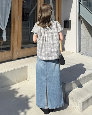Front Ribbon Check Puff Sleeve Top