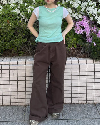 See-through two-tone short-sleeve T-shirt