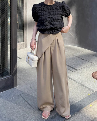 Wrap-design pleated wide slacks
