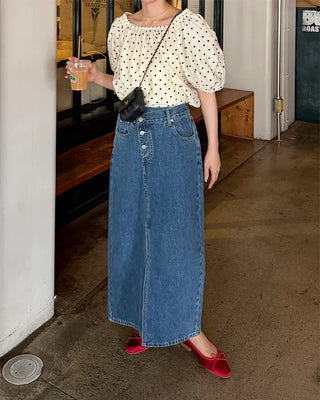 Asymmetrical 3-button denim long skirt