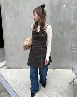 Shirred check sleeveless mini dress