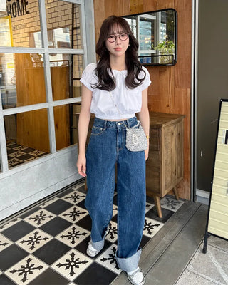 Rolled-up denim wide-leg pants
