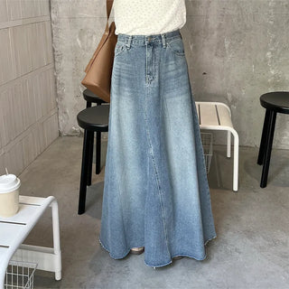 Flared long denim skirt