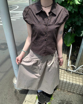 Checked Shirred Puff Sleeve Blouse