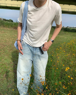 Washed denim pants with double back pockets