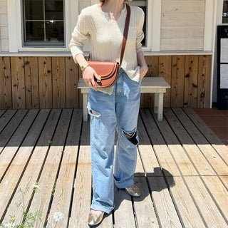 Distressed straight denim pants