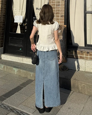 H-line elastic waist long denim skirt