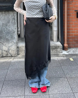 Satin lace long skirt