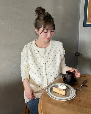 Floral print round neck cardigan