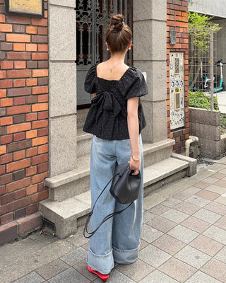 Front Ribbon Smock Gathered Blouse