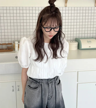 Pleated short-sleeved blouse