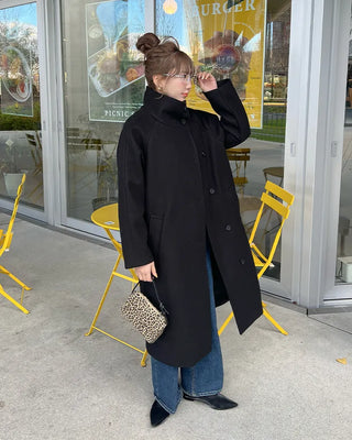 High-neck belted long coat