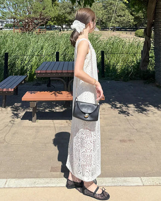 Perforated detail square neck long dress