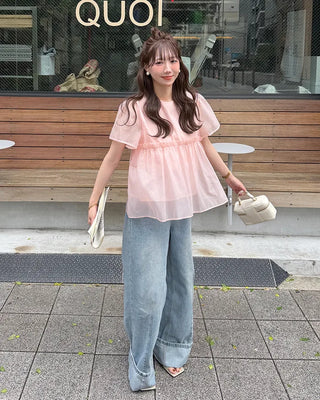 Organza ruffle balloon sleeve blouse