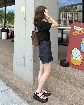Stitch Low Short Denim Pants